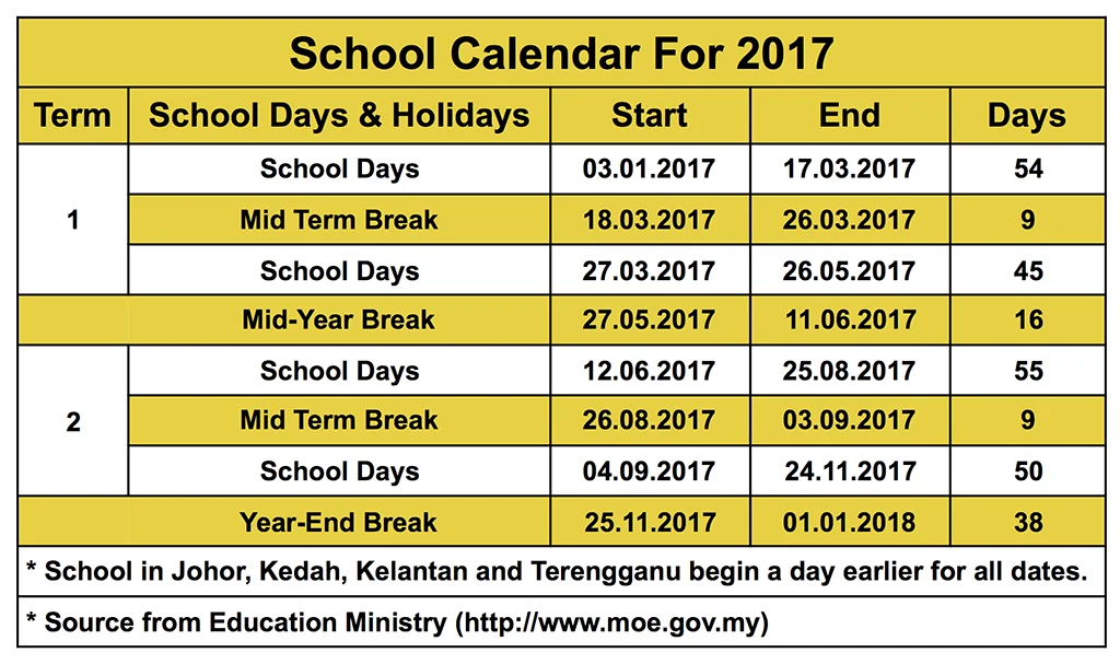 School Calendar For 2017